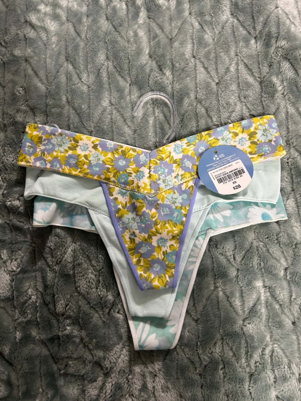 Daisy Floral Thong Panties 3 Pack Yellow, Lavender, Blue, Green (Aqua)